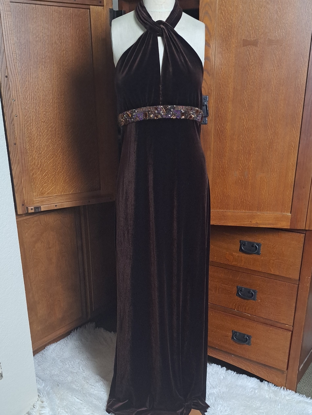 Vintage Niteline Brown Velvet Beaded Halter Gown Tagged 12 Measures 8-10